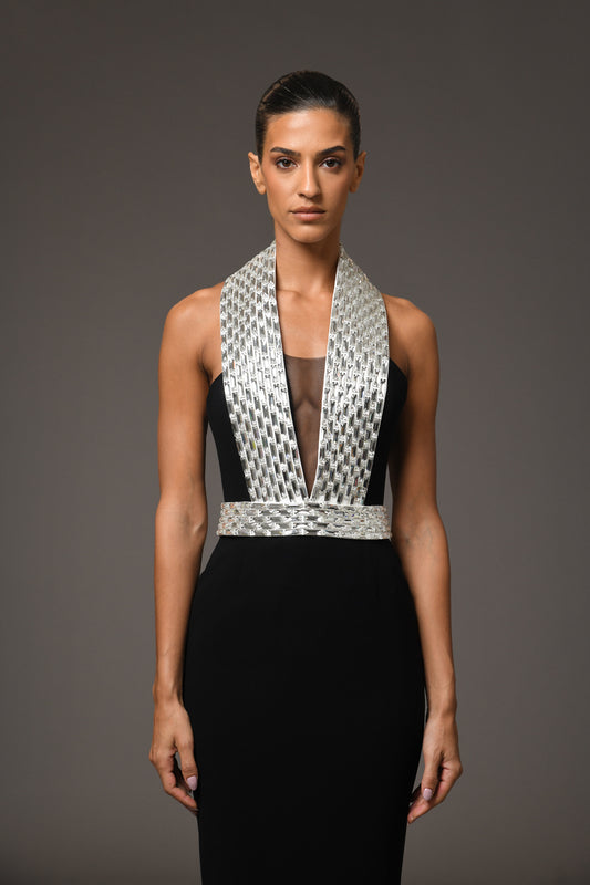 Black Crêpe Dress with Baguette Embroidery