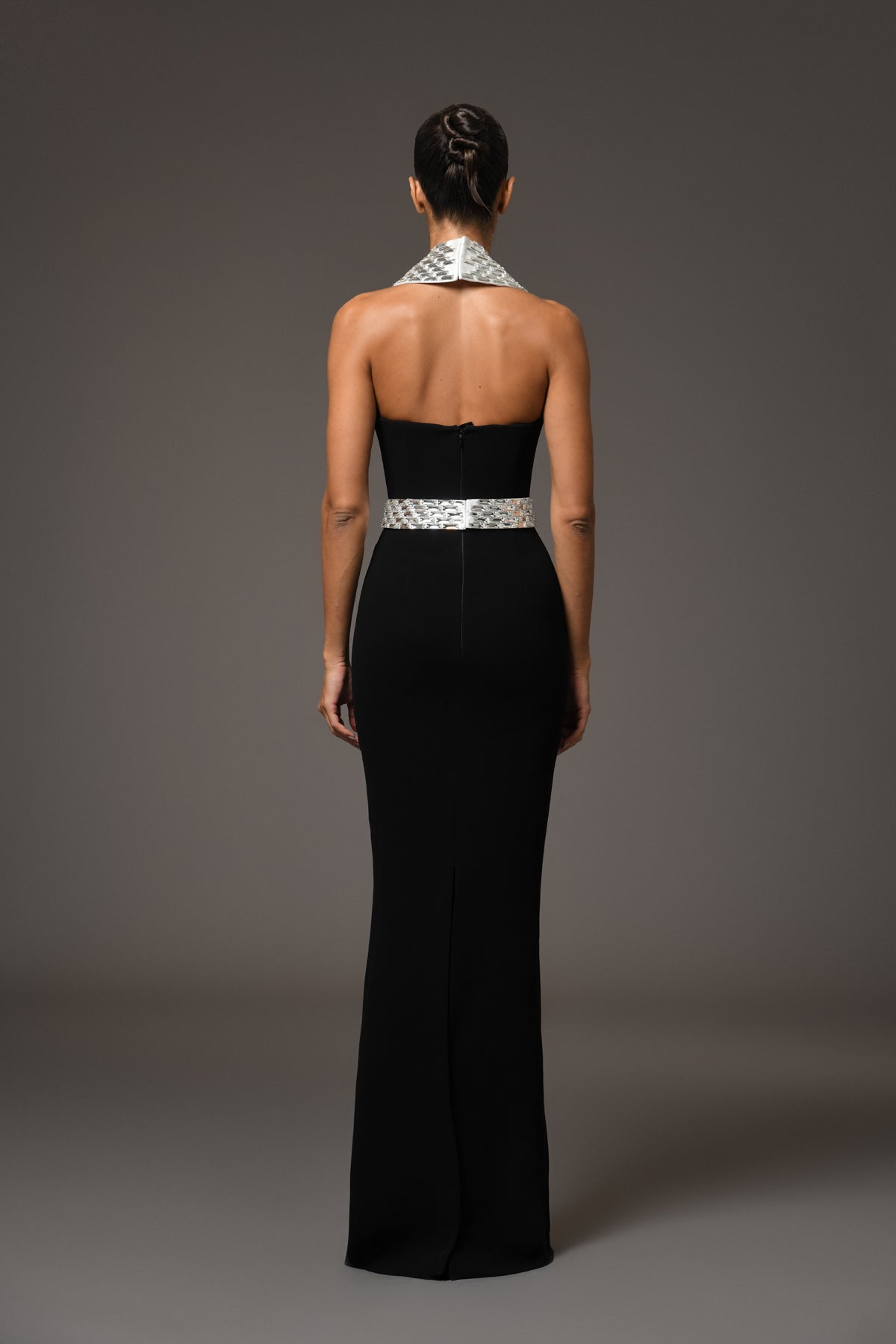 Black Crêpe Dress with Baguette Embroidery