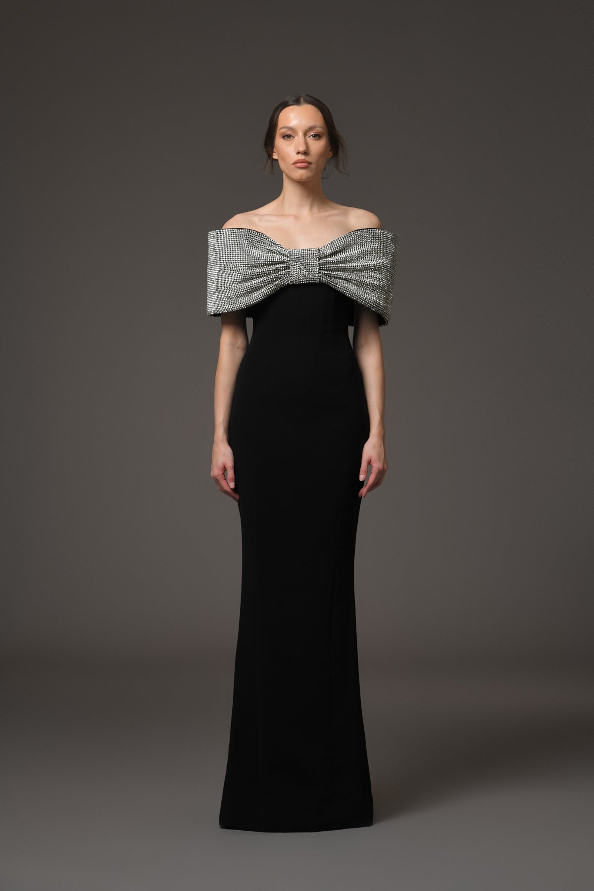 Black Crêpe Dress with Crystal Bow