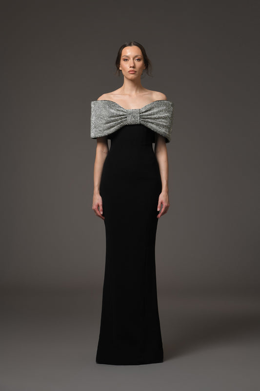 Black Crêpe Dress with Crystal Bow