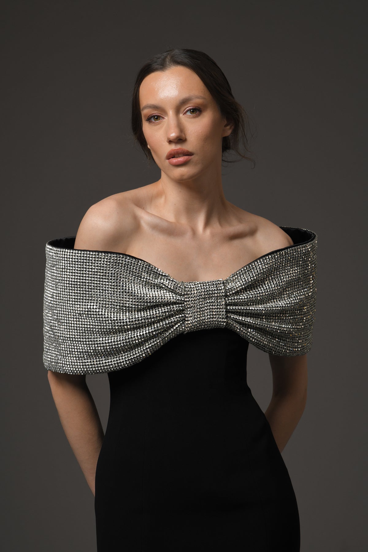 Black Crêpe Dress with Crystal Bow