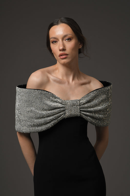 Black Crêpe Dress with Crystal Bow