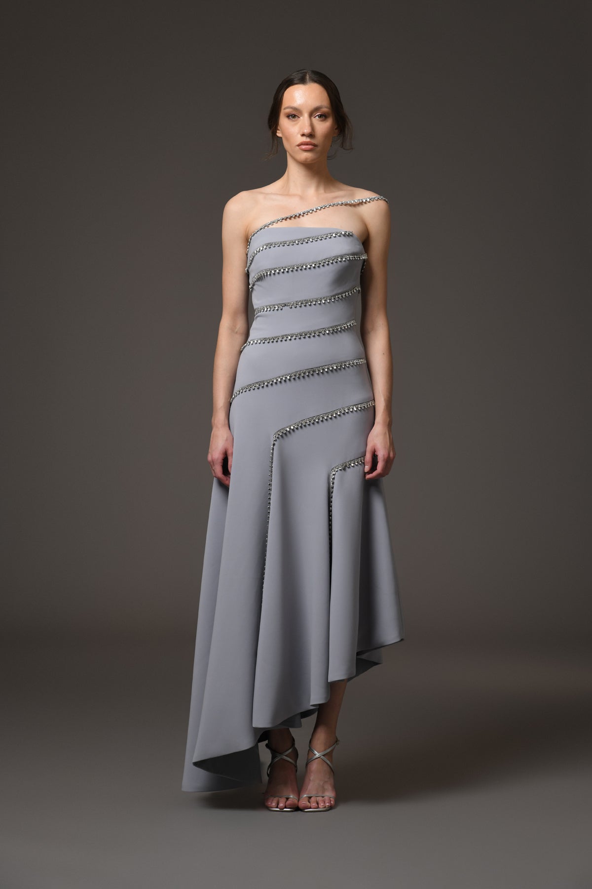 Grey Crêpe Dress with Embroidery