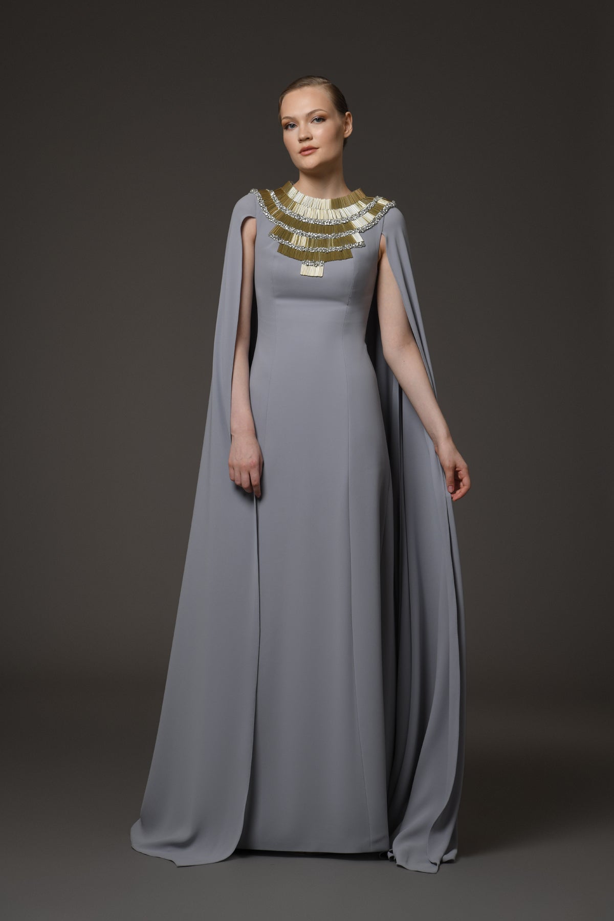 Grey Crêpe Dress with Embroidered Neckline