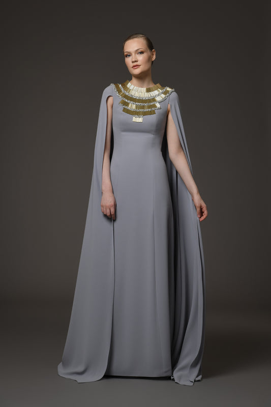 Grey Crêpe Dress with Embroidered Neckline