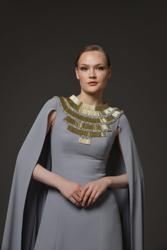 Grey Crêpe Dress with Embroidered Neckline