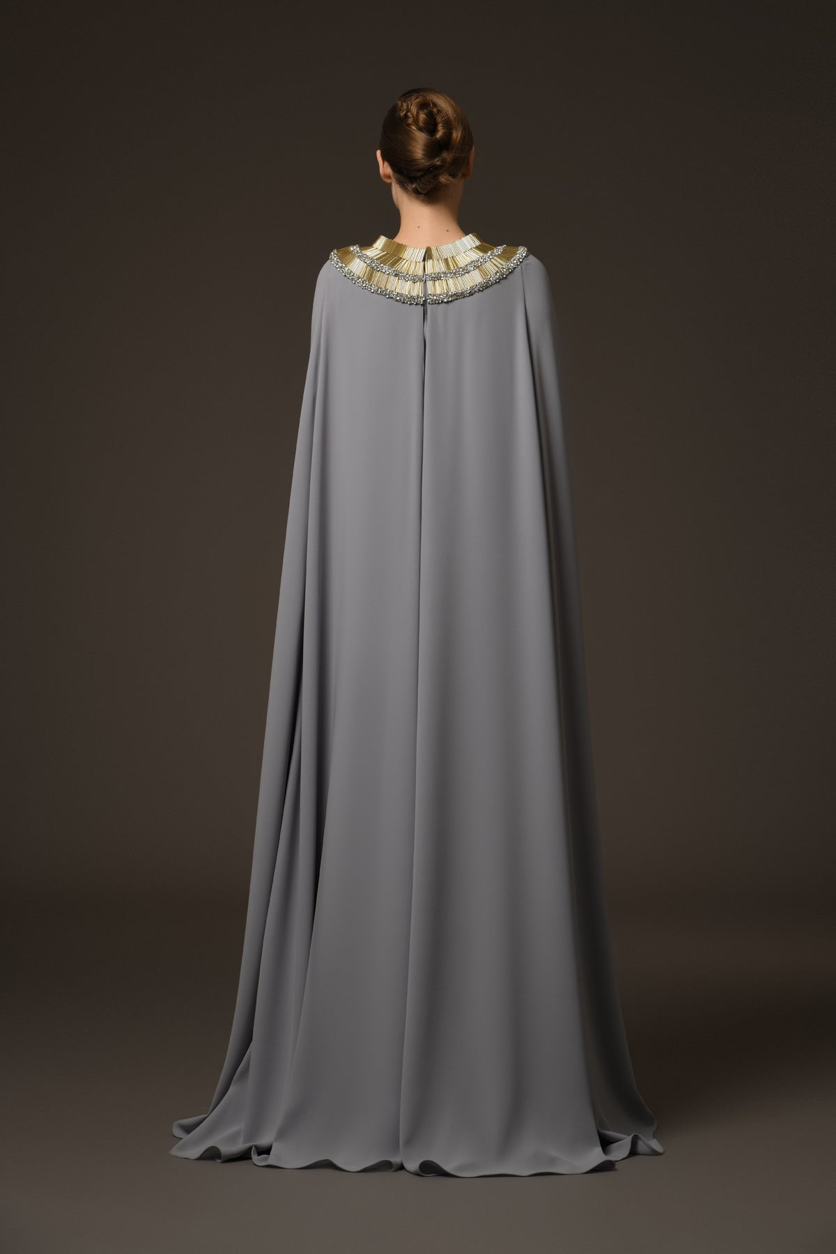 Grey Crêpe Dress with Embroidered Neckline