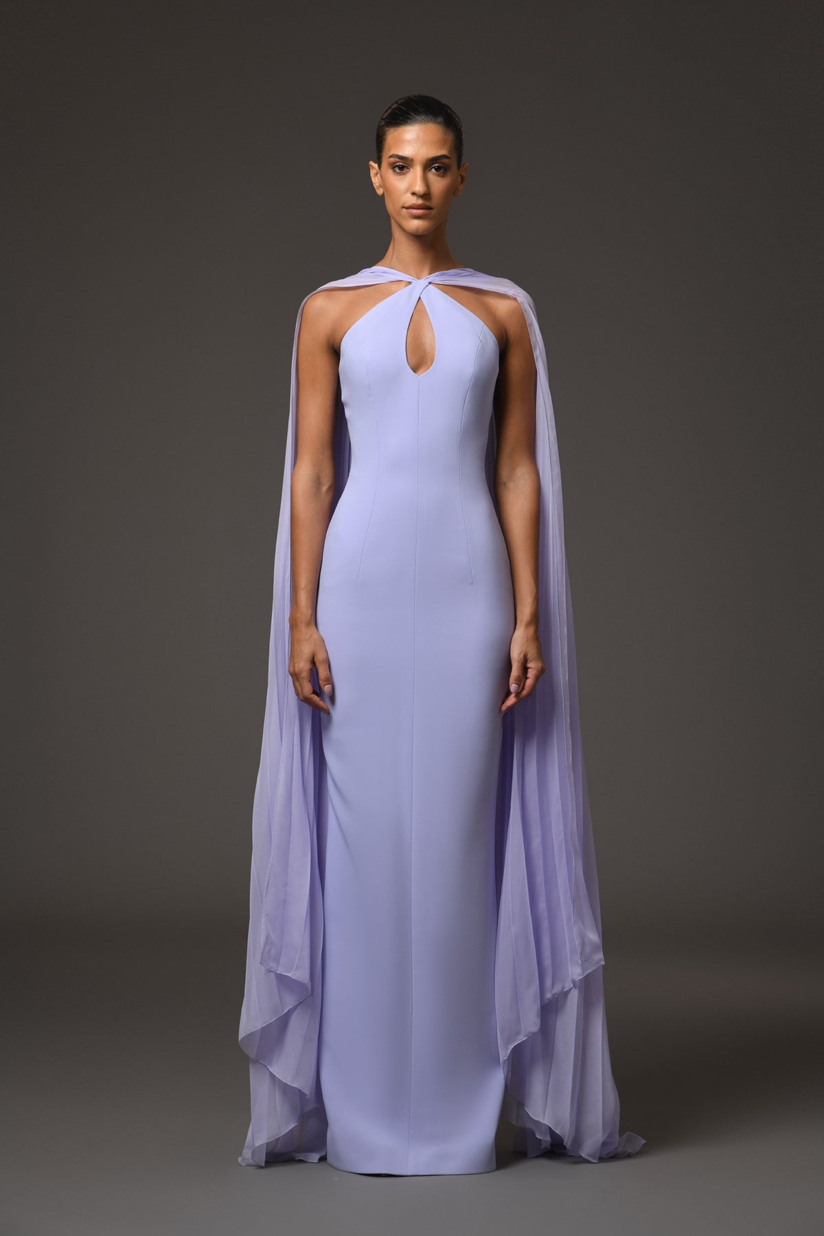 Lilac Crêpe Dress with Chiffon Cape