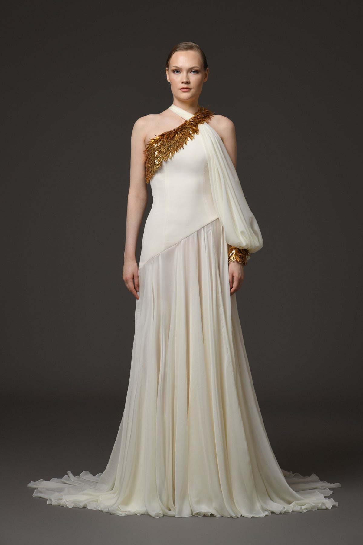 Asymmetric Ivory Crêpe and Chiffon Dress