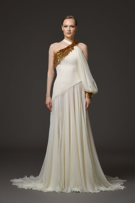 Asymmetric Ivory Crêpe and Chiffon Dress