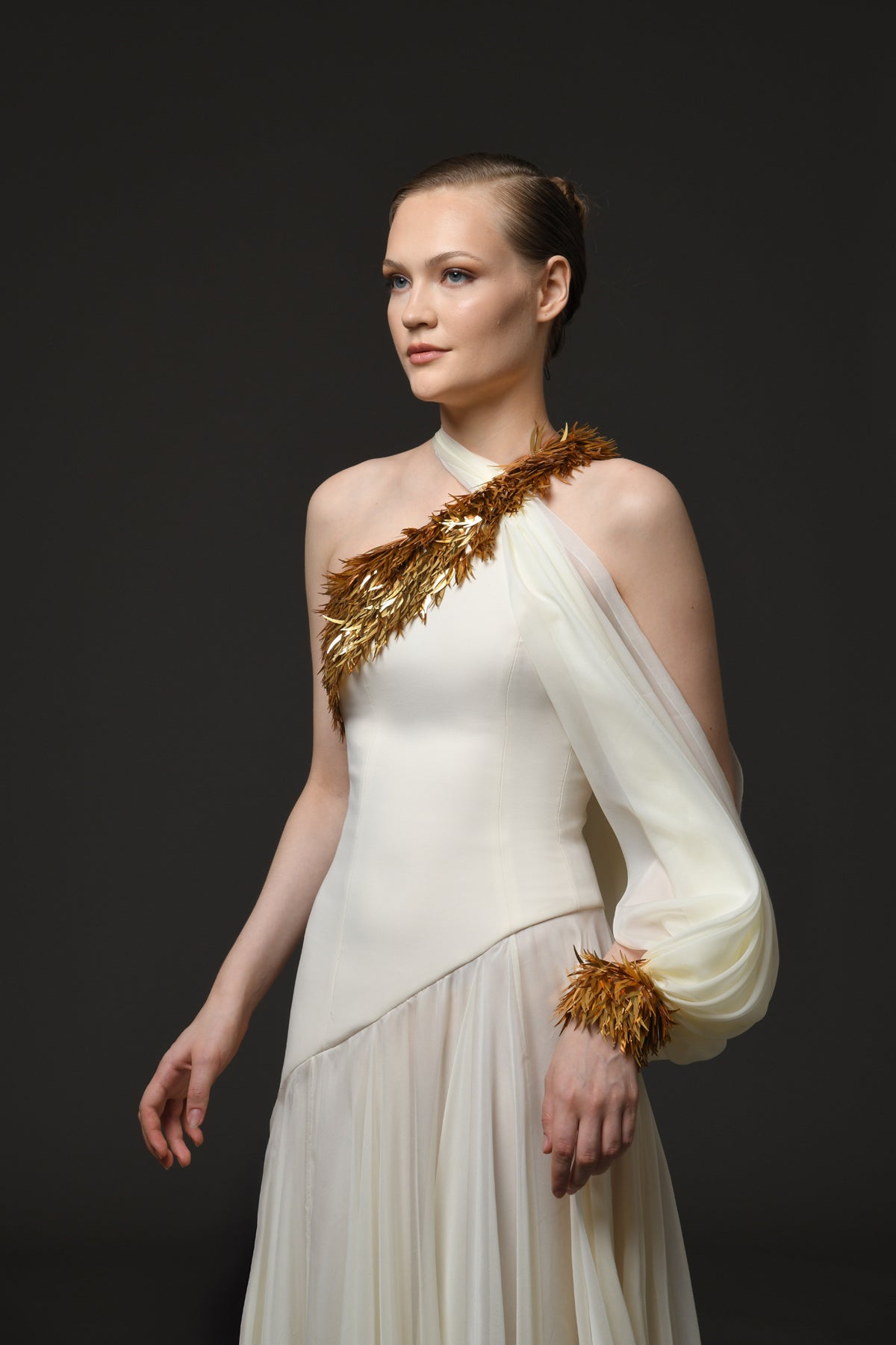 Asymmetric Ivory Crêpe and Chiffon Dress