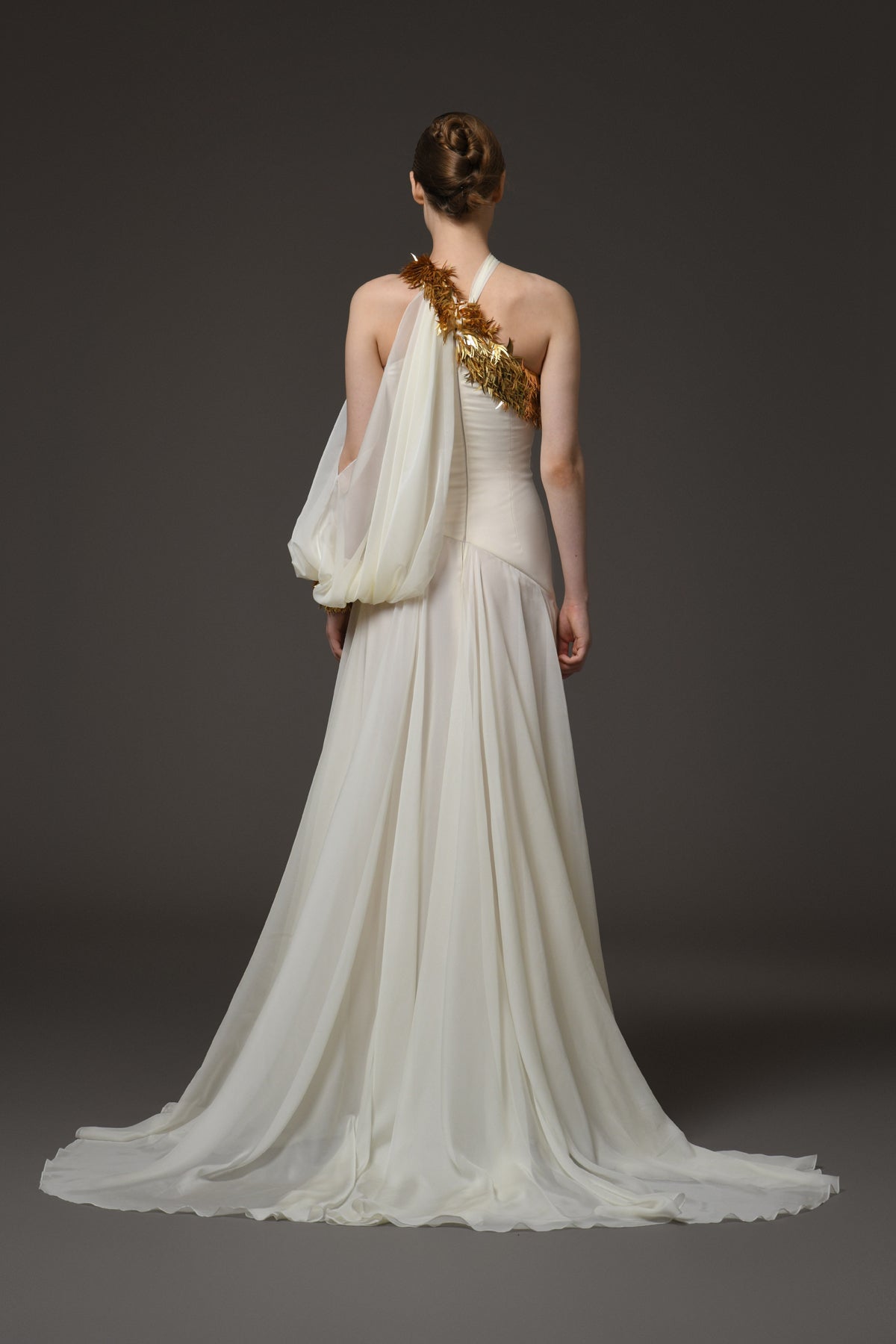 Asymmetric Ivory Crêpe and Chiffon Dress