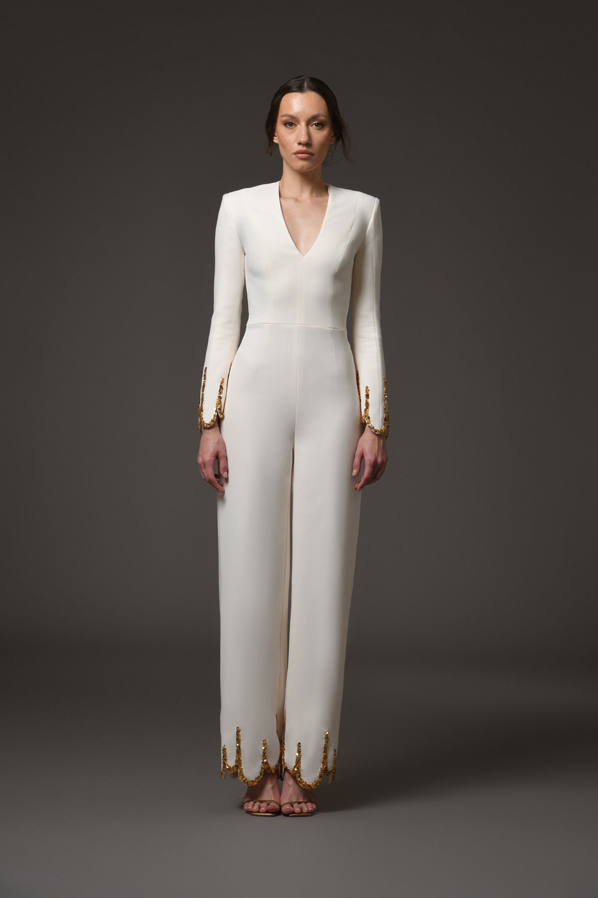 Ivory Crêpe Jumpsuit with Gold Embroidery
