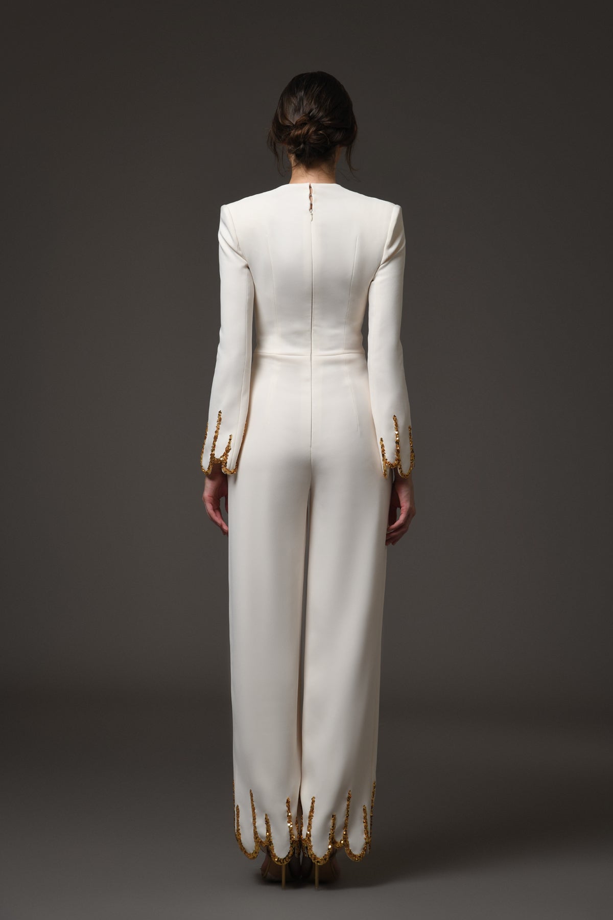 Ivory Crêpe Jumpsuit with Gold Embroidery