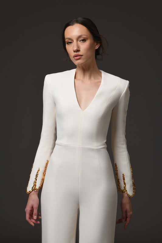 Ivory Crêpe Jumpsuit with Gold Embroidery