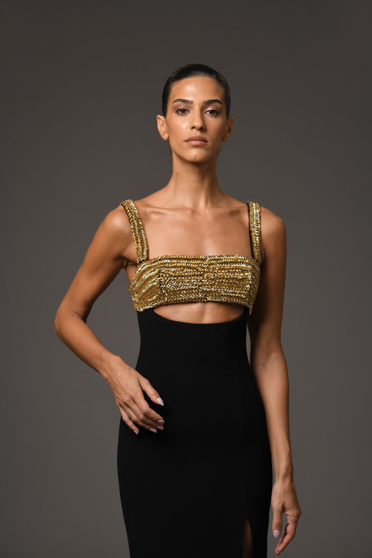 Black Crêpe Dress with Gold Embroidery