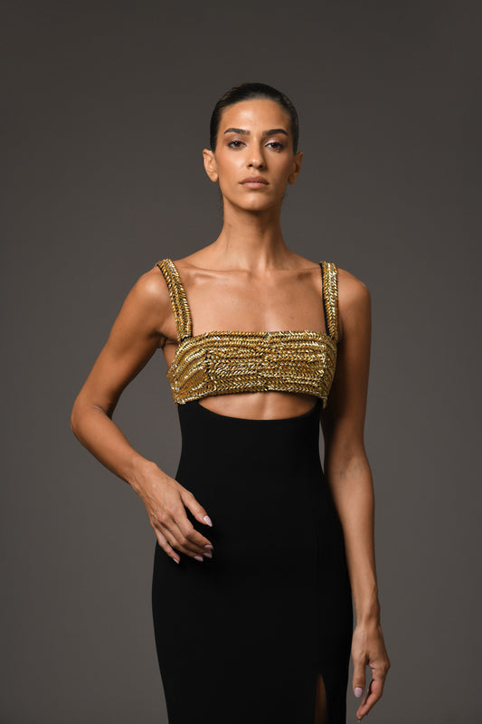 Black Crêpe Dress with Gold Embroidery