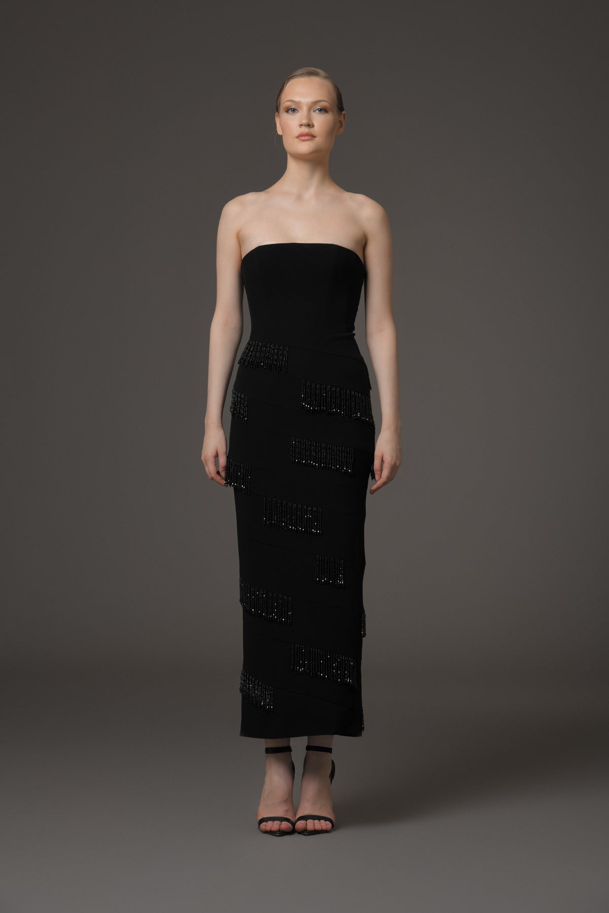 Black Crêpe Dress with Layered Fringes