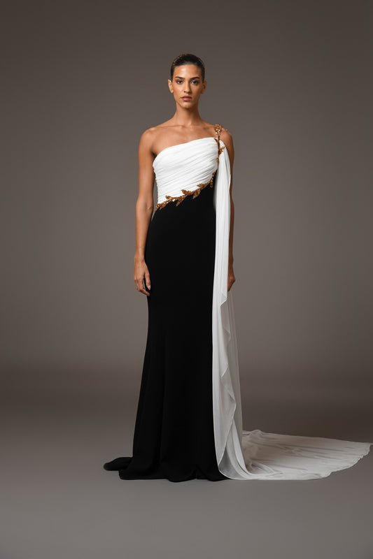 Black & White Crêpe Dress with Embroidery