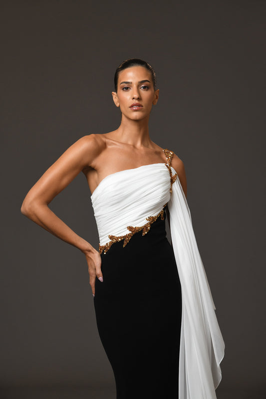 Black & White Crêpe Dress with Embroidery