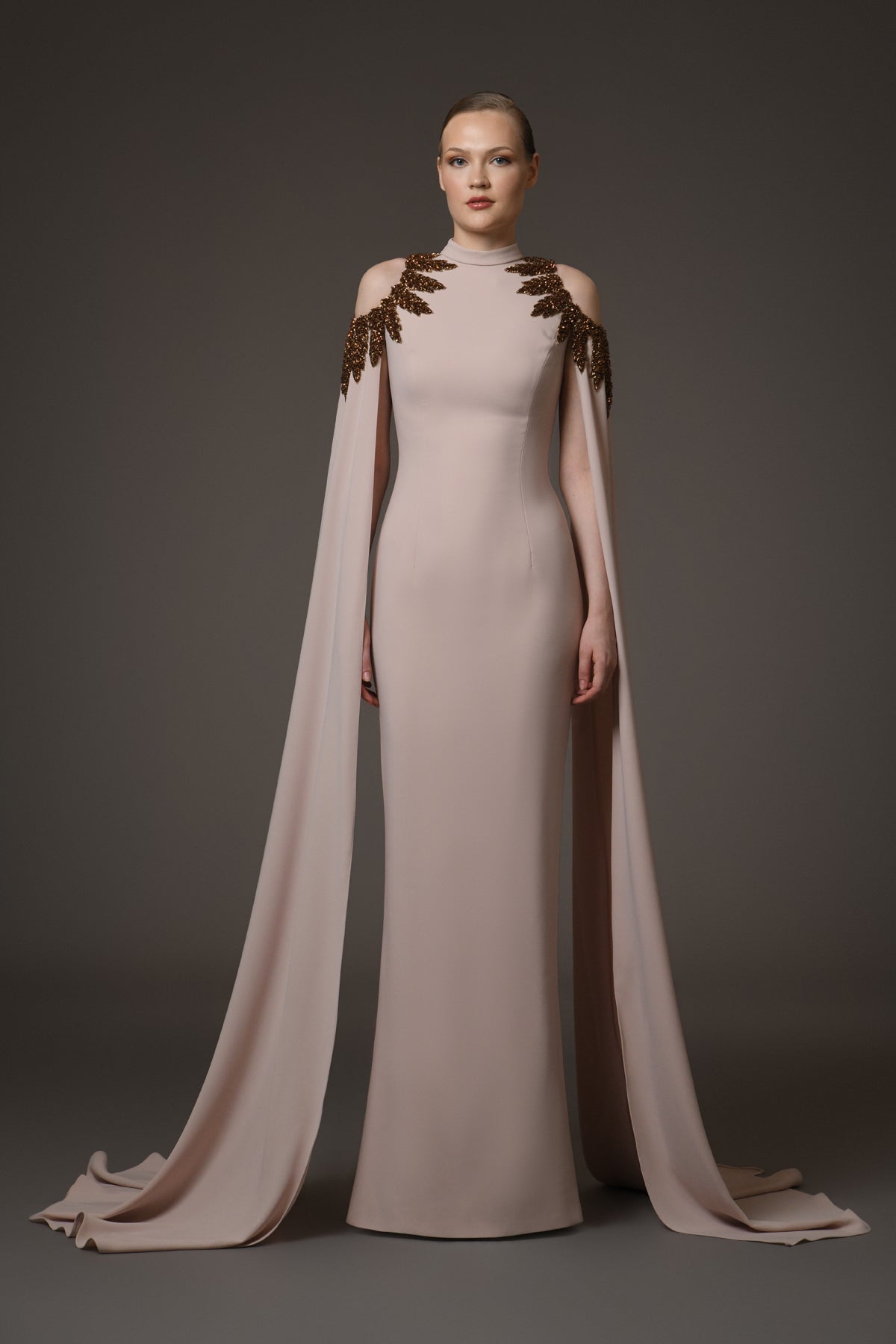 Nude Crêpe Dress with Cape Sleeves