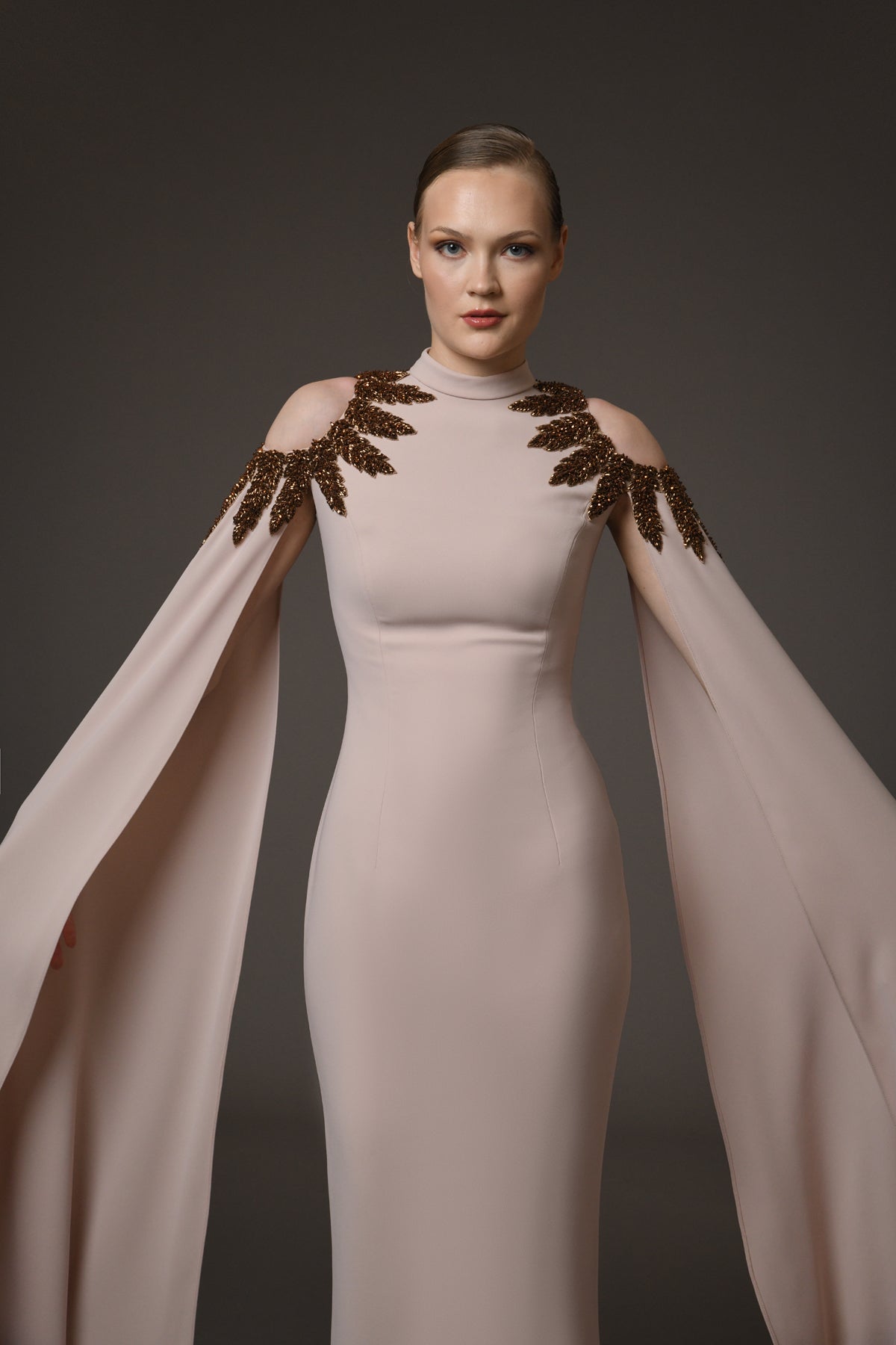 Nude Crêpe Dress with Cape Sleeves