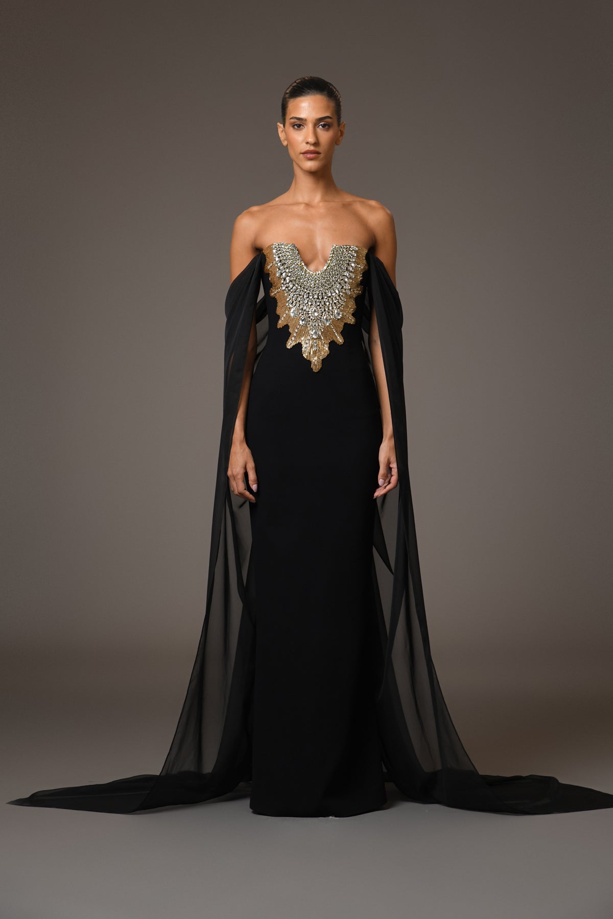 Black Crêpe Dress with Chiffon Sleeves