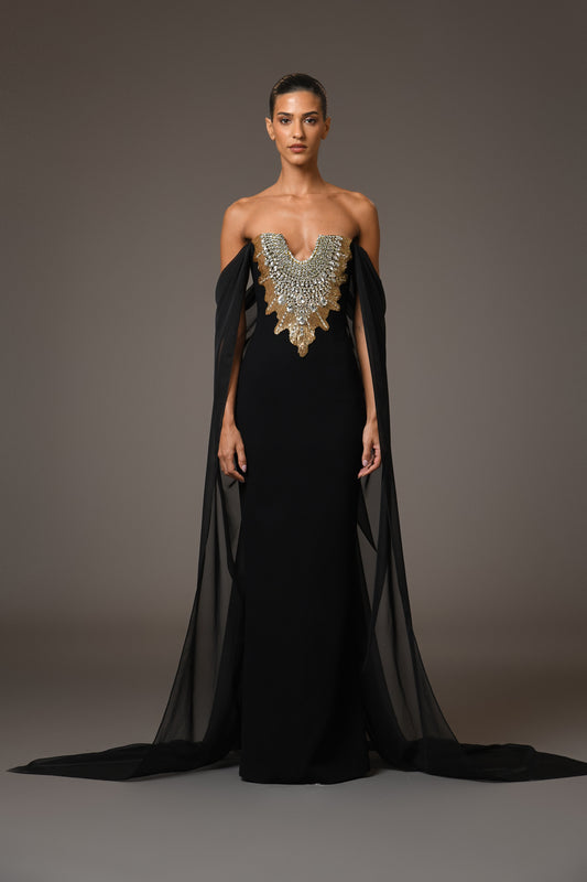 Black Crêpe Dress with Chiffon Sleeves