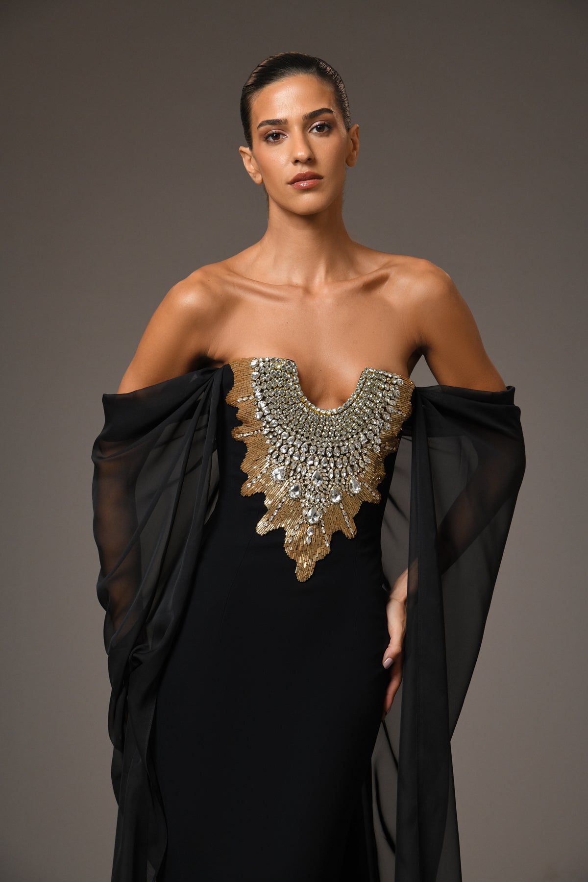 Black Crêpe Dress with Chiffon Sleeves