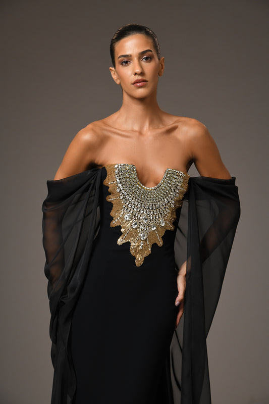 Black Crêpe Dress with Chiffon Sleeves