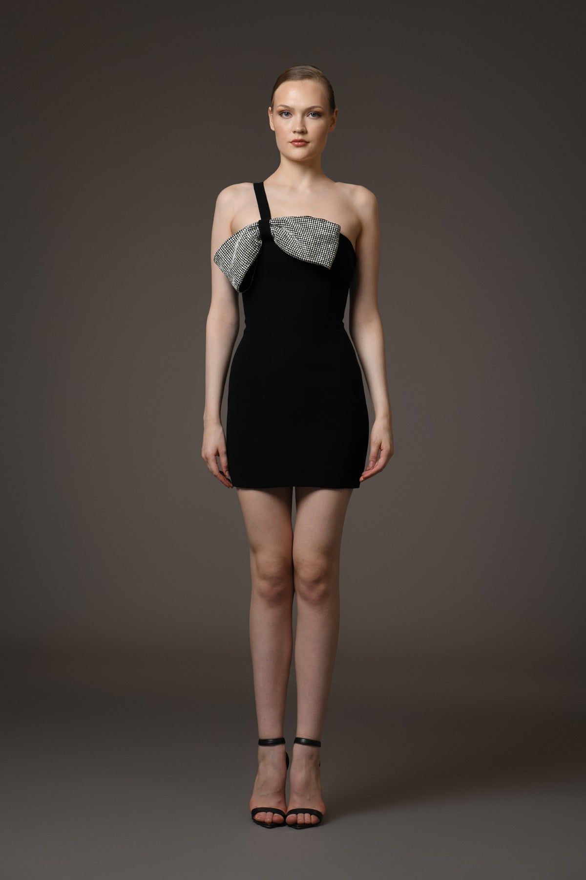 Short Black Crêpe Dress with Crystal Bow