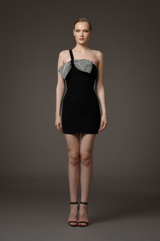 Short Black Crêpe Dress with Crystal Bow