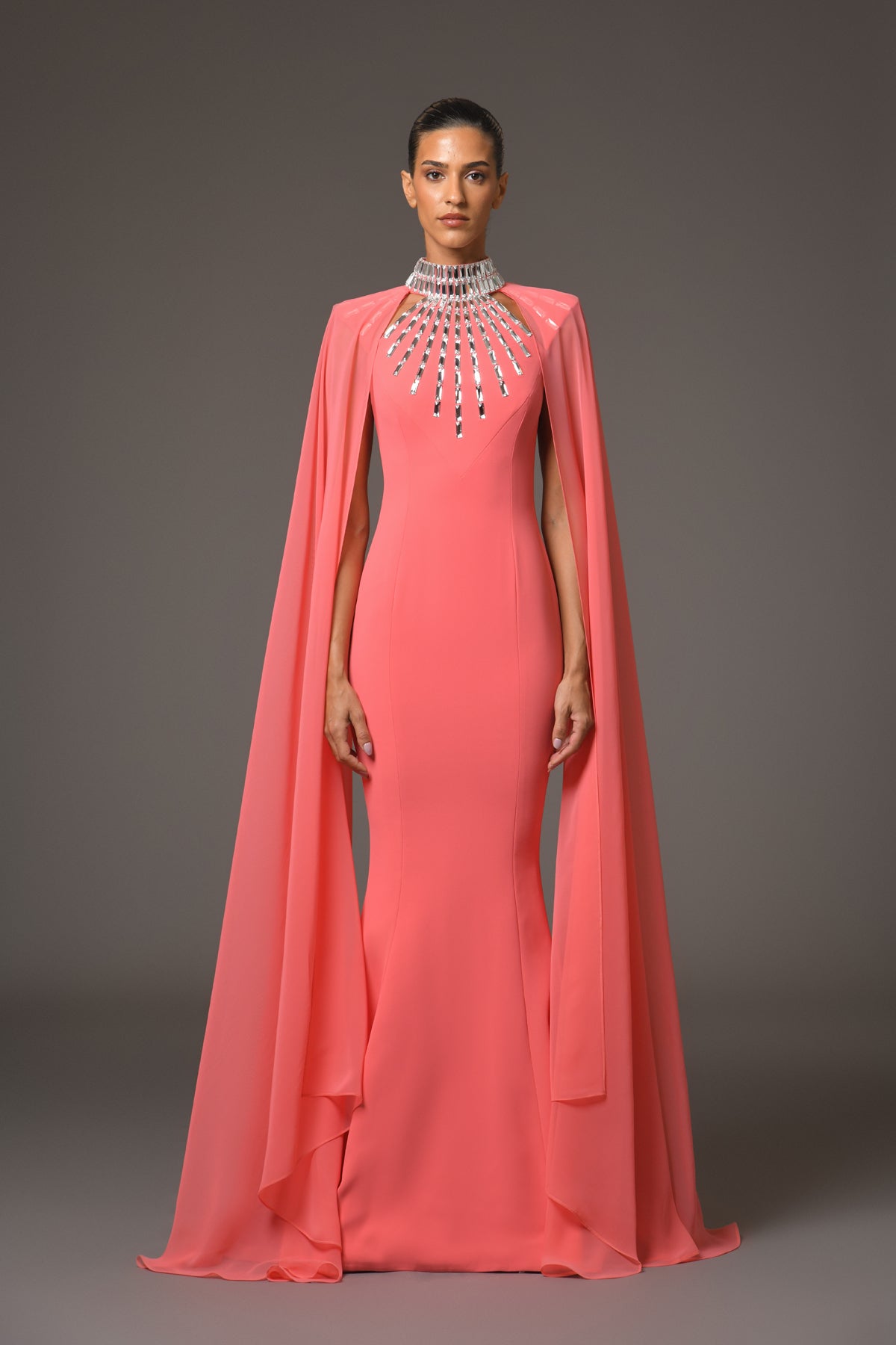 Coral Crêpe Dress with Baguette Embroidery