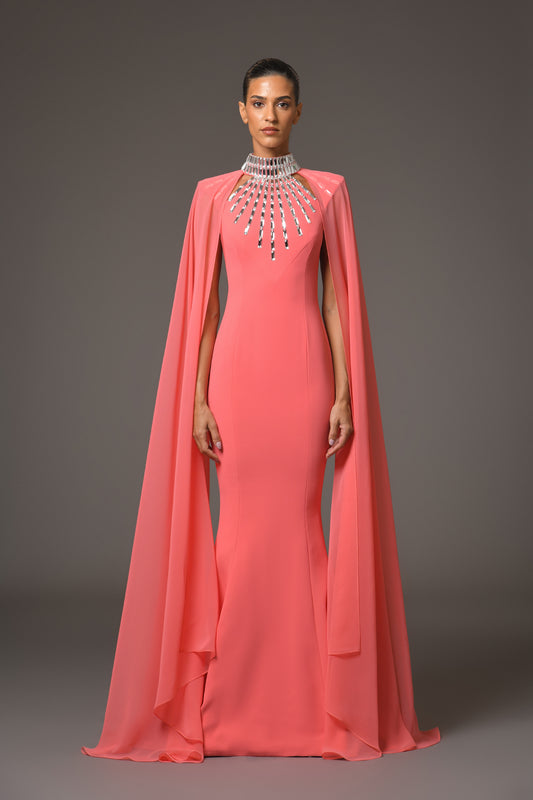 Coral Crêpe Dress with Baguette Embroidery