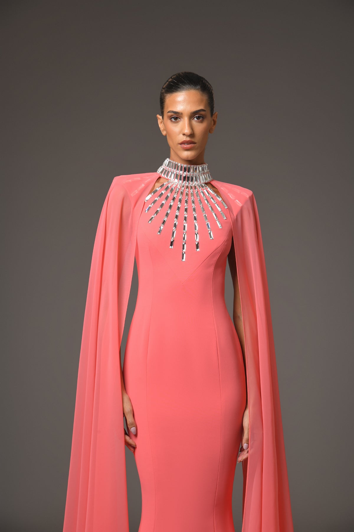 Coral Crêpe Dress with Baguette Embroidery