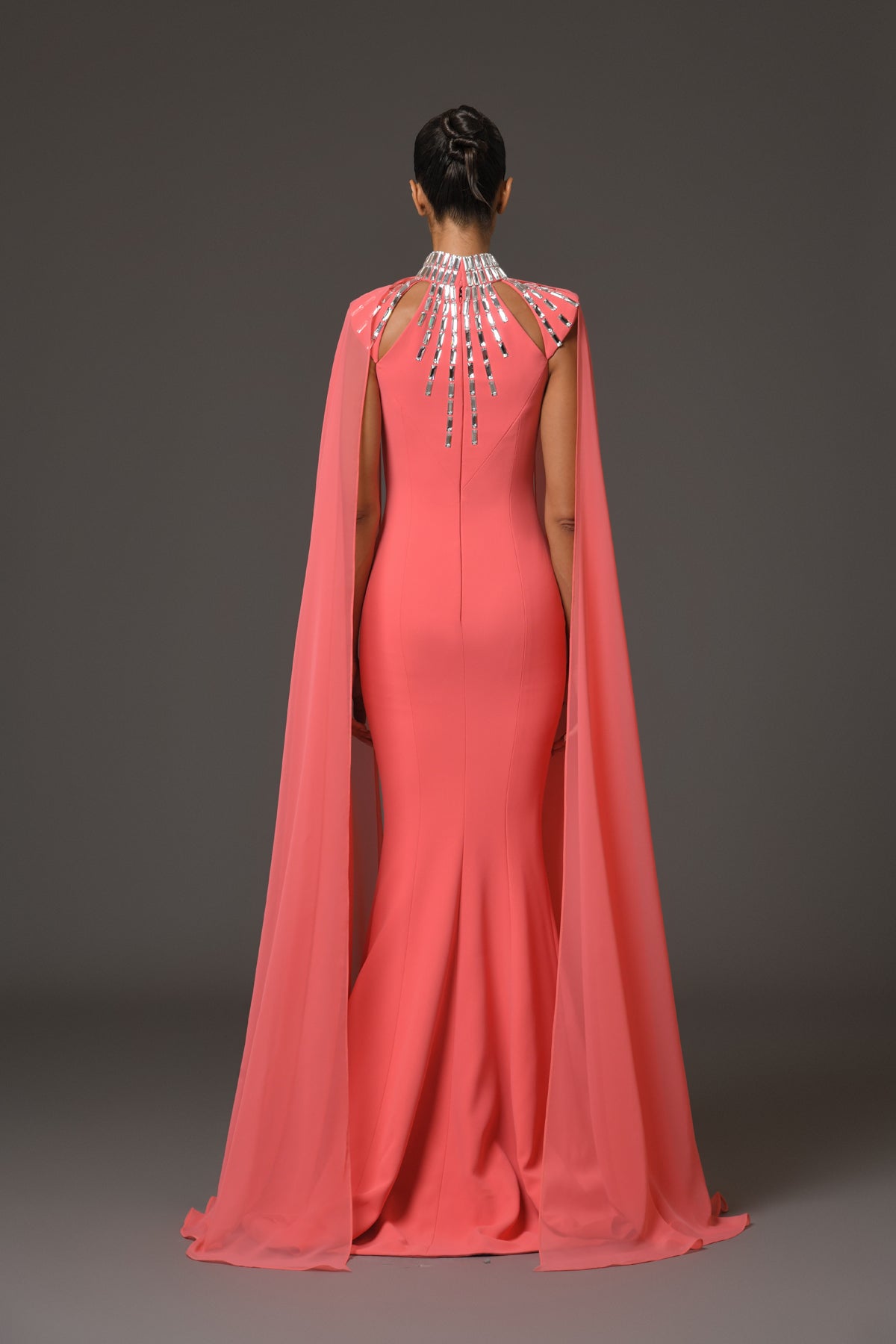 Coral Crêpe Dress with Baguette Embroidery