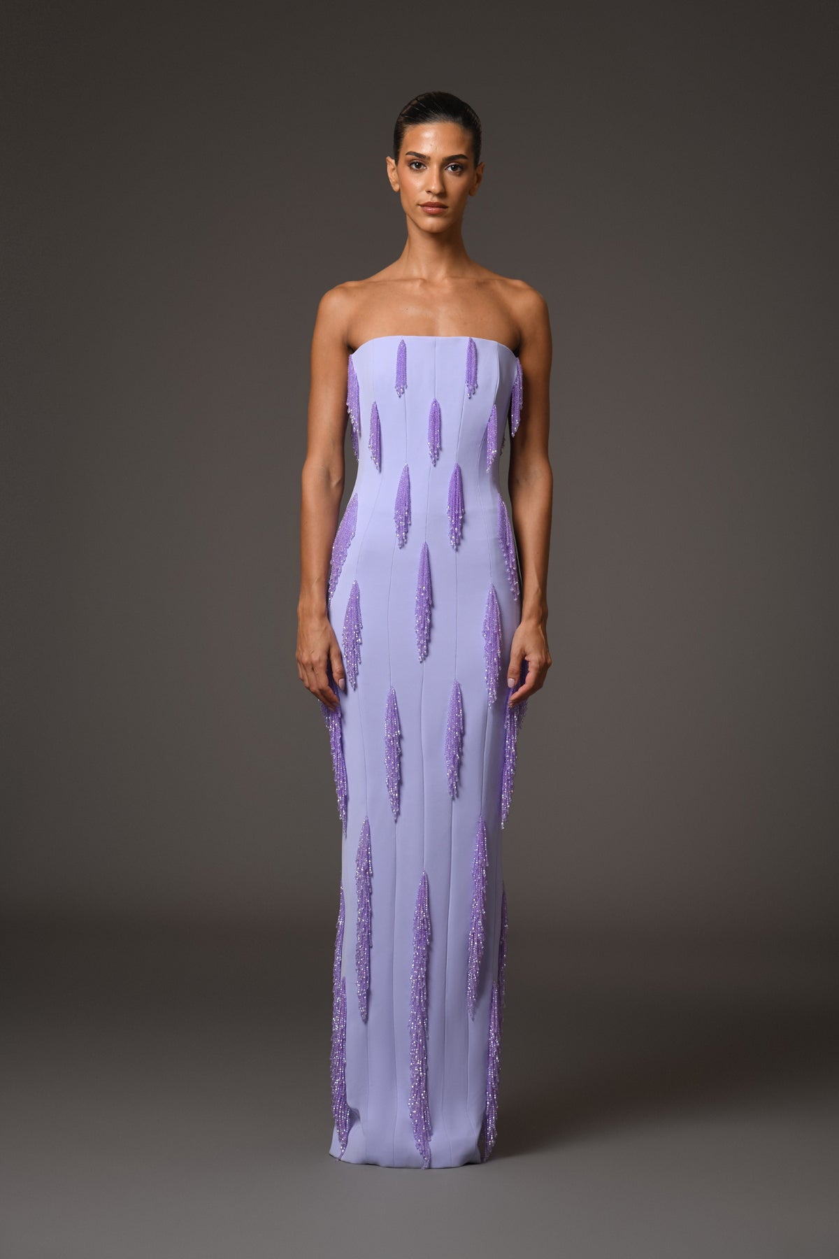 Lilac Crêpe Dress with Beaded Fringes