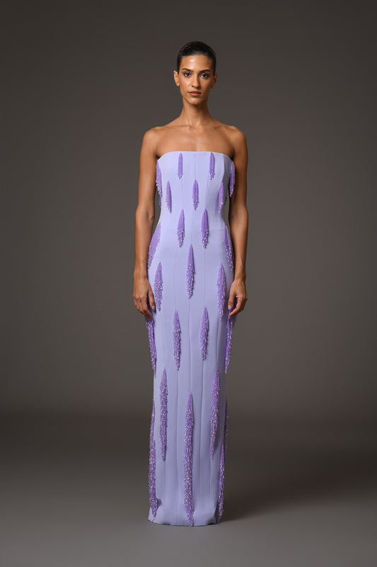 Lilac Crêpe Dress with Beaded Fringes