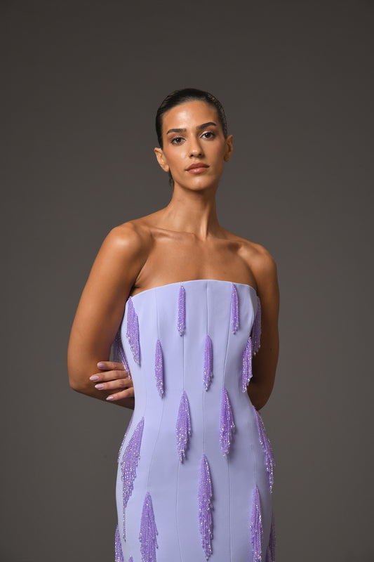 Lilac Crêpe Dress with Beaded Fringes