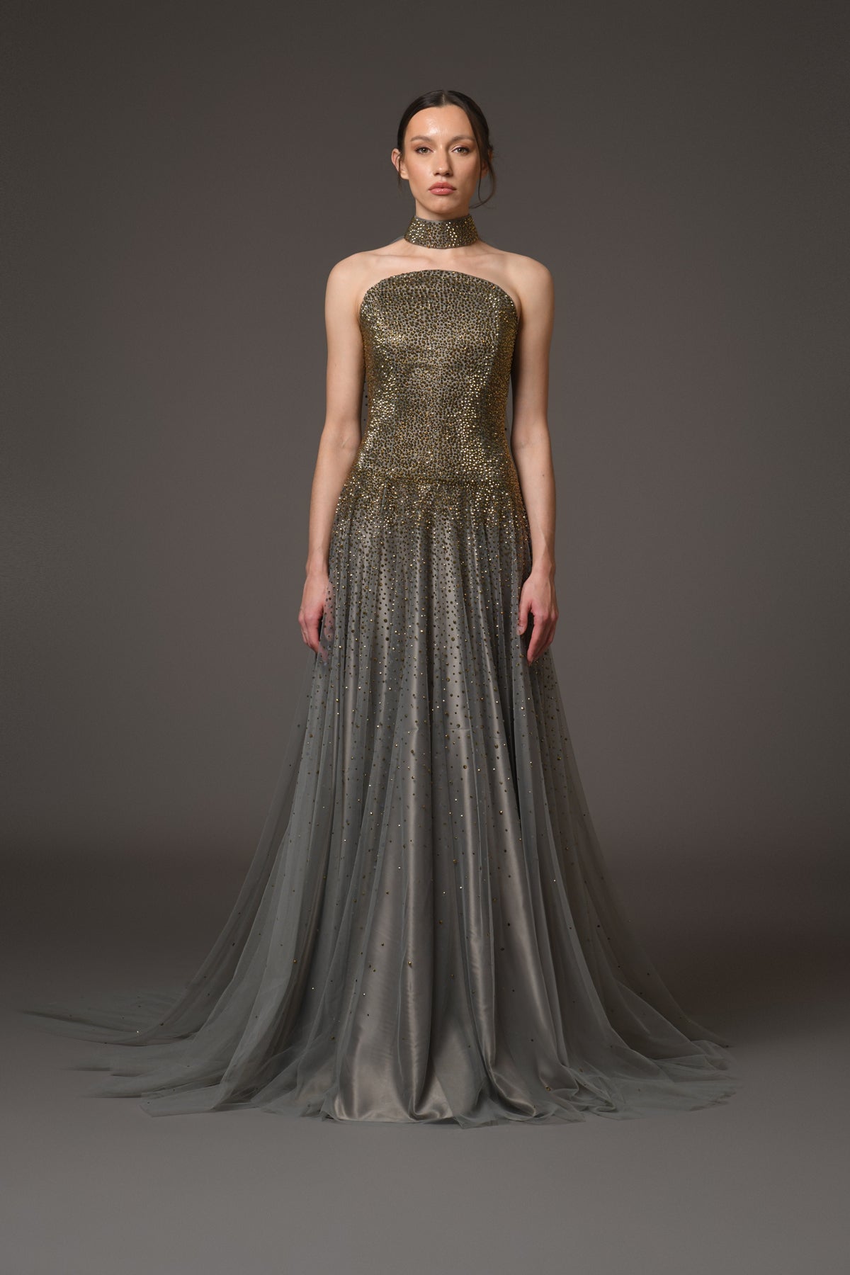 Corseted Grey Embroidered Tulle Dress