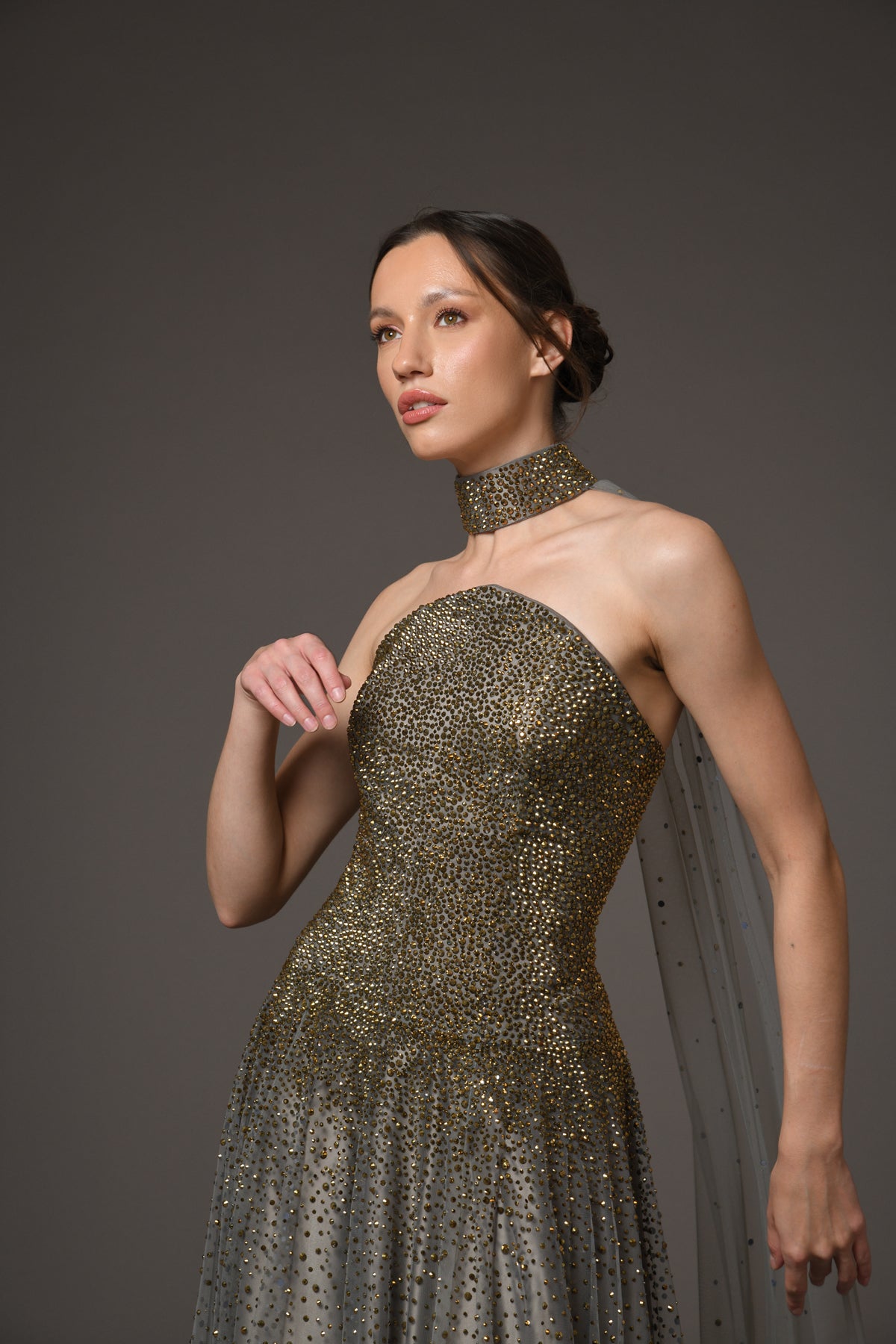 Corseted Grey Embroidered Tulle Dress