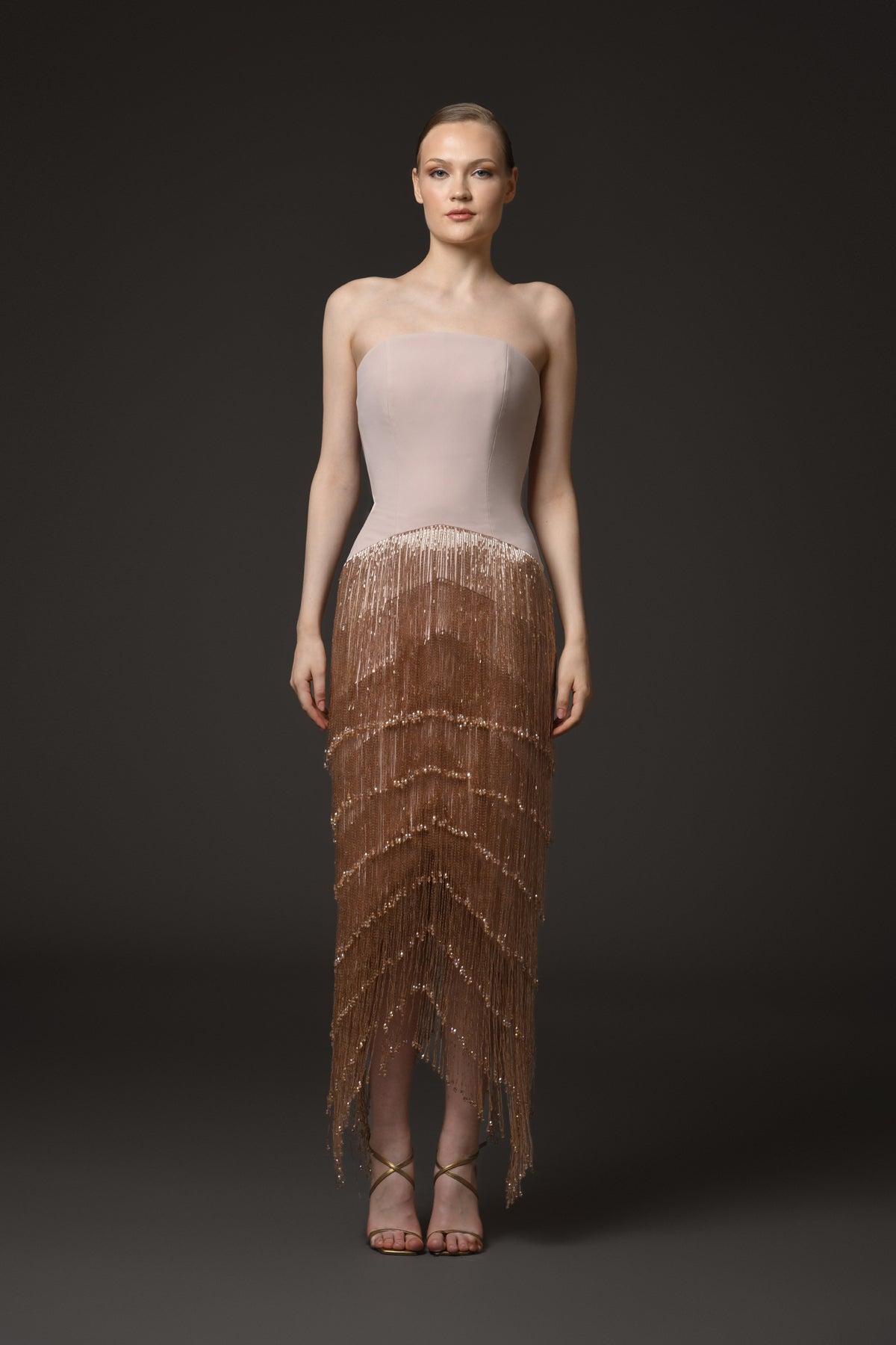 Corseted Crêpe Dress with Layered Fringes