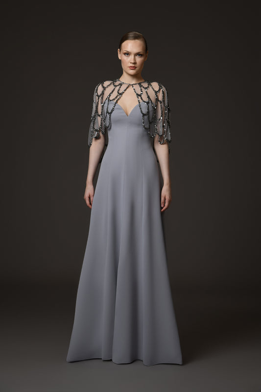 Grey Crêpe Dress with Embroidered Bolero