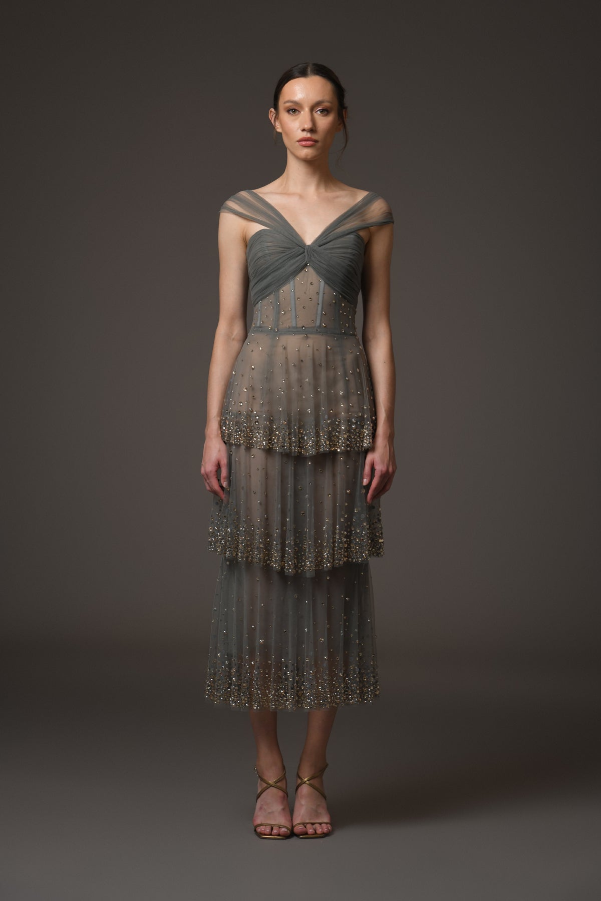 Grey Layered Tulle Dress with Embroidery