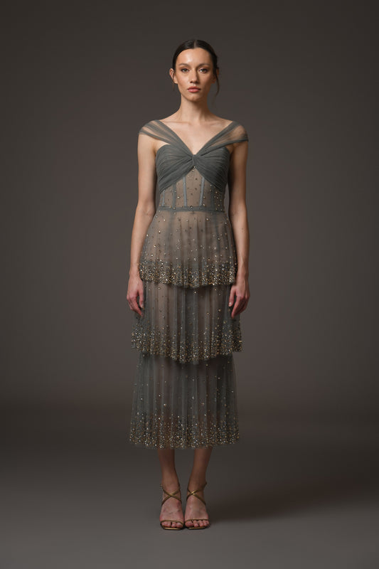 Grey Layered Tulle Dress with Embroidery