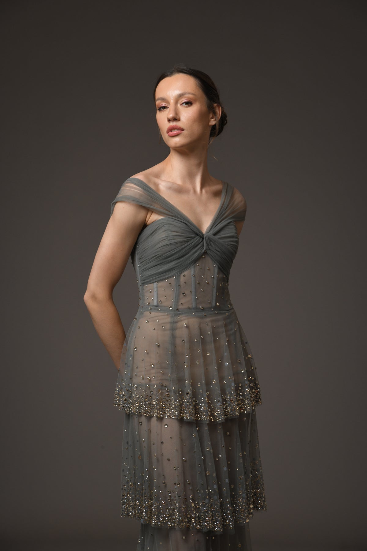 Grey Layered Tulle Dress with Embroidery