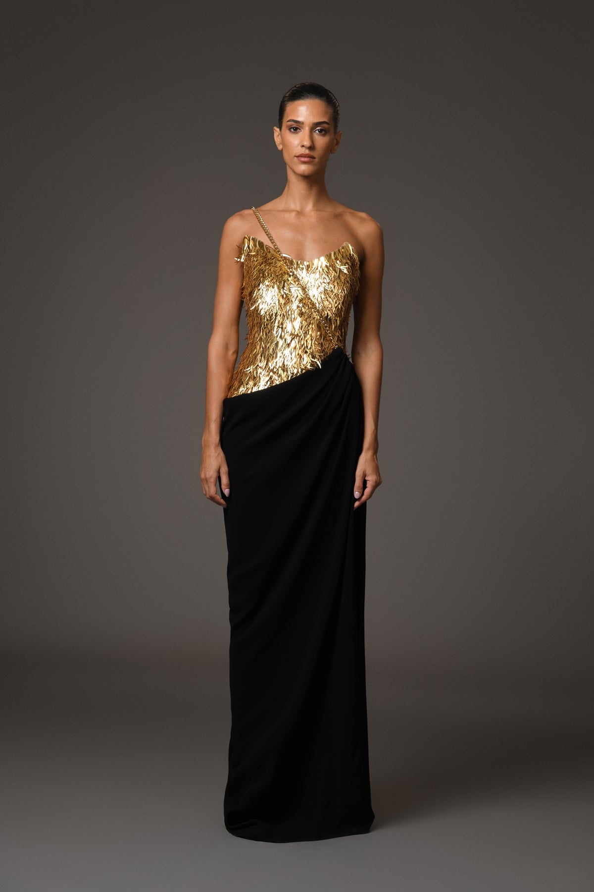 Black & Gold Corseted Crêpe Dress