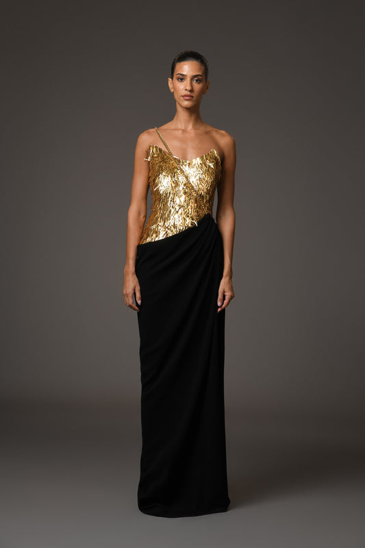 Black & Gold Corseted Crêpe Dress