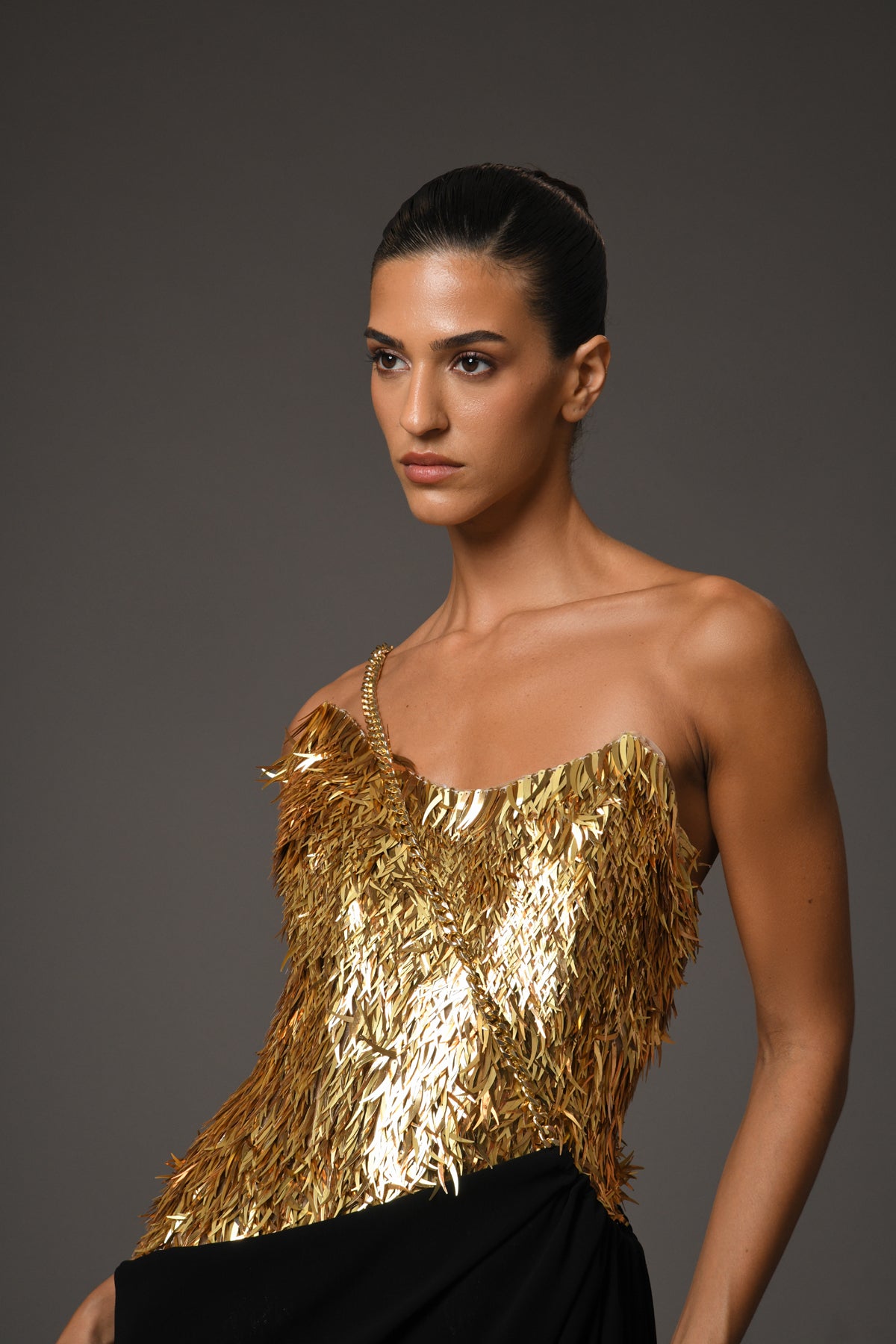 Black & Gold Corseted Crêpe Dress
