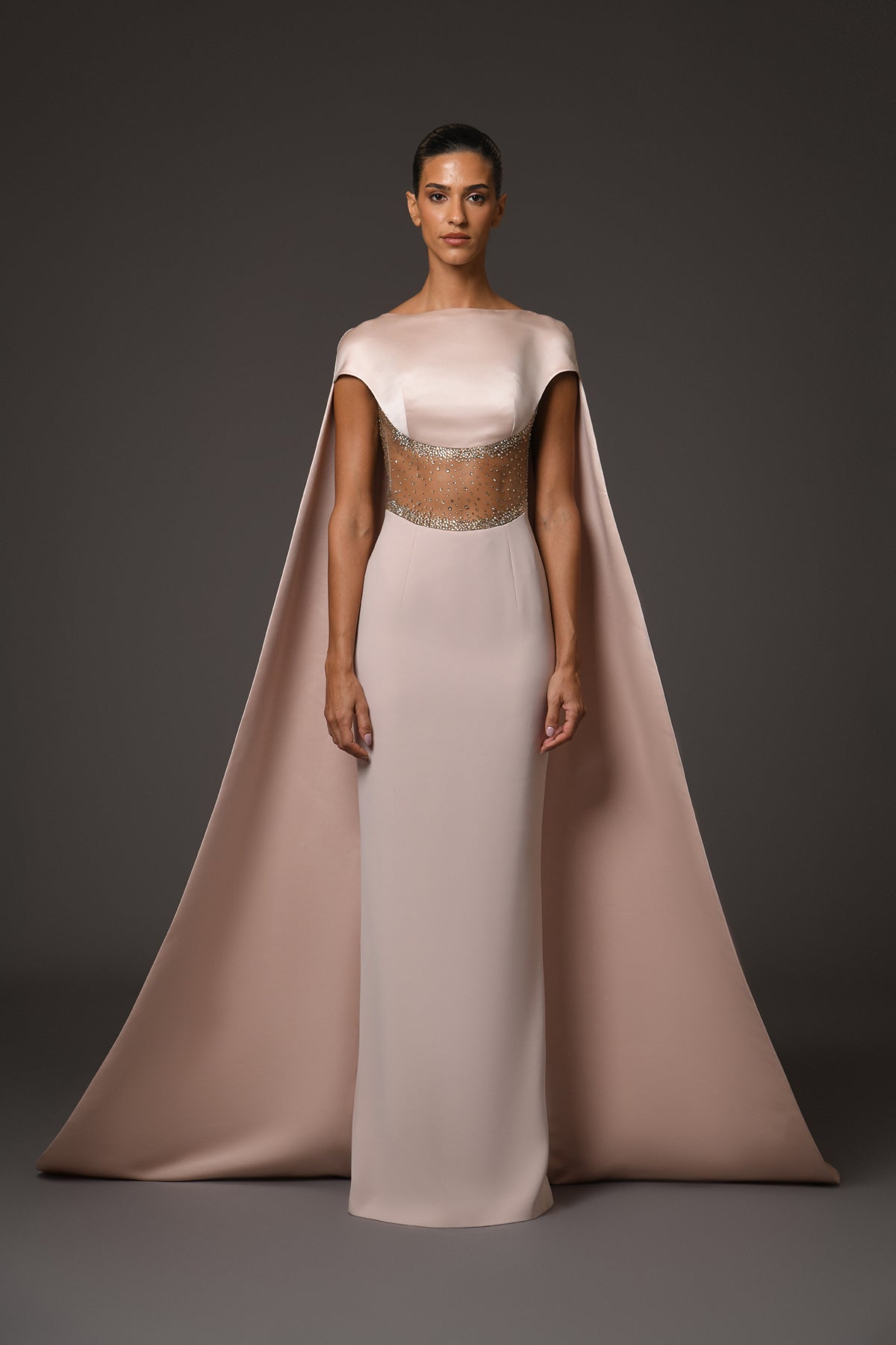 Nude Corseted Crêpe Dress with Cape